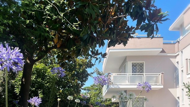 Un sentier bordé de fleurs violettes qui mène à un bâtiment doté d’un balcon.