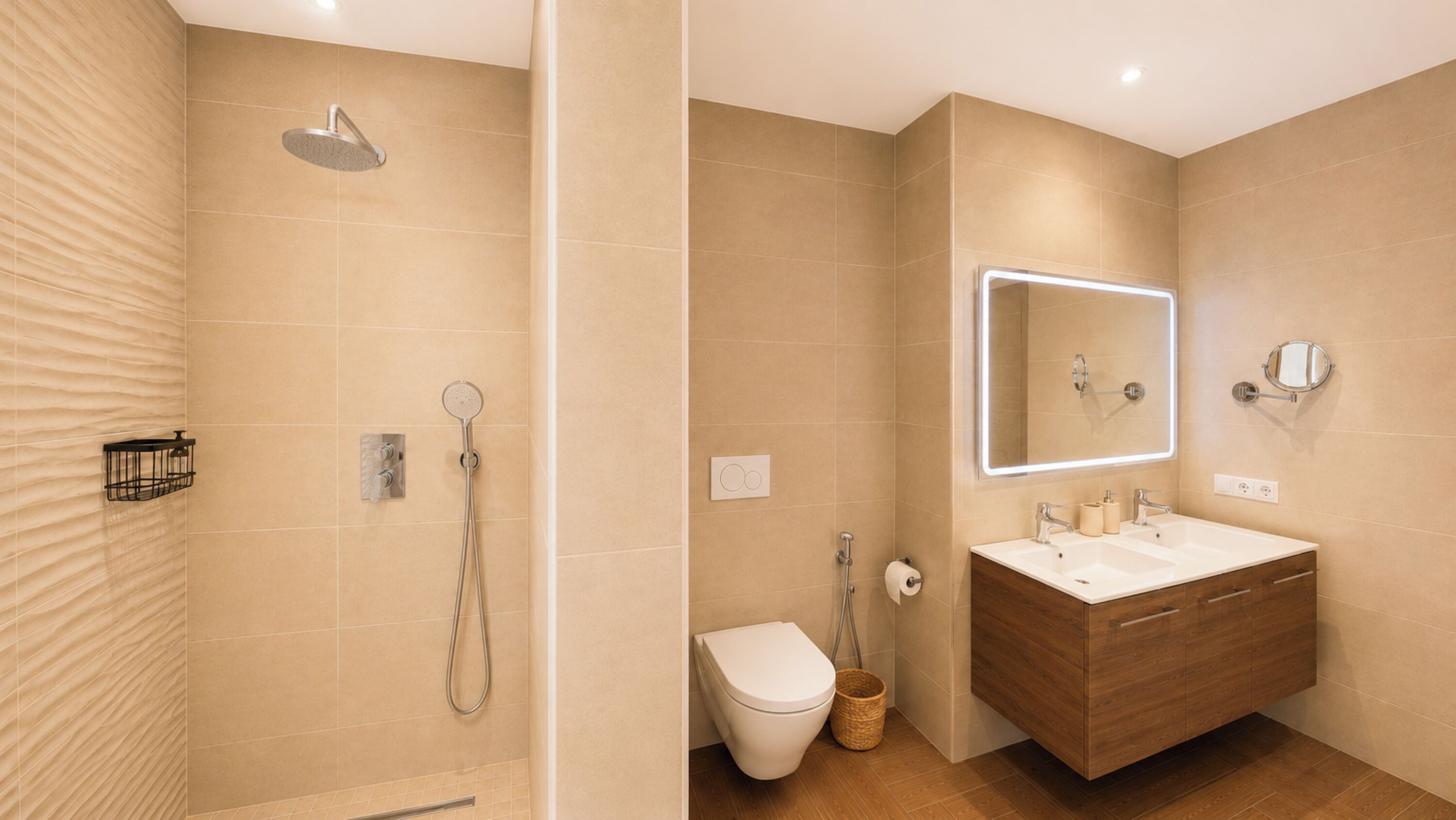 A modern bathroom with a shower, toilet, and vanity.