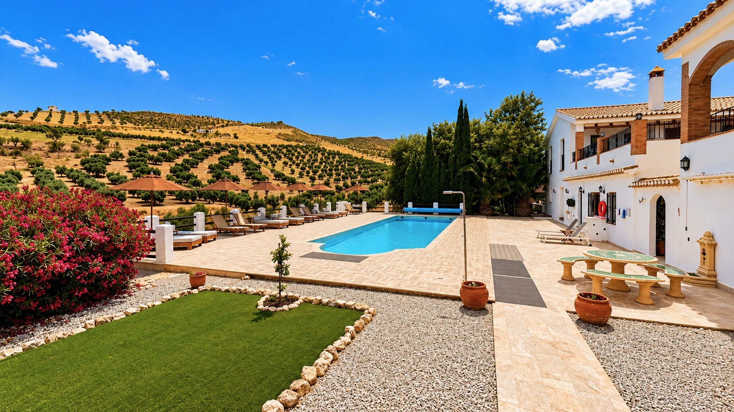 A pool area with a view of a hilly landscape, outdoor seating, and a building with a tiled roof.