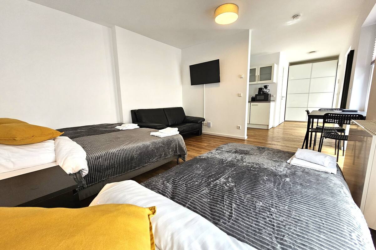 Une chambre d’hôtel avec deux lits, un canapé, une télévision et une kitchenette.