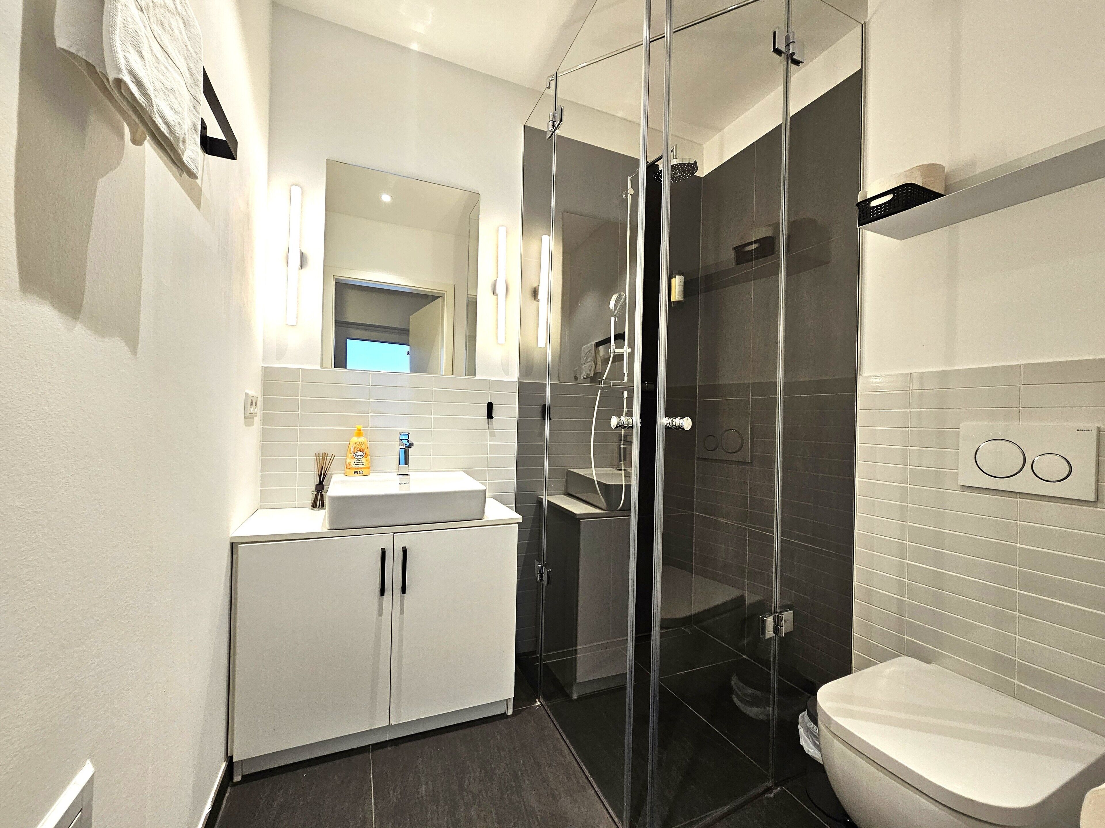 Ein modernes Badezimmer mit einer Duschkabine, einem weißen Waschbecken und einer Toilette.