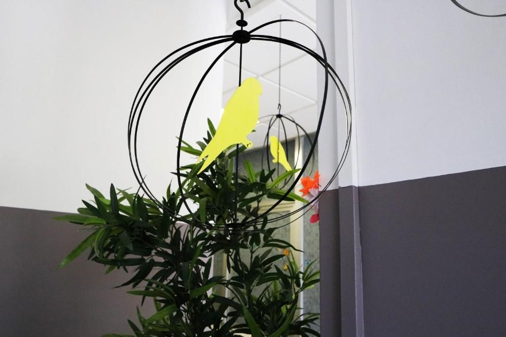 A hanging birdcage with a yellow bird silhouette, a potted plant, and a reflection of a room with a window.