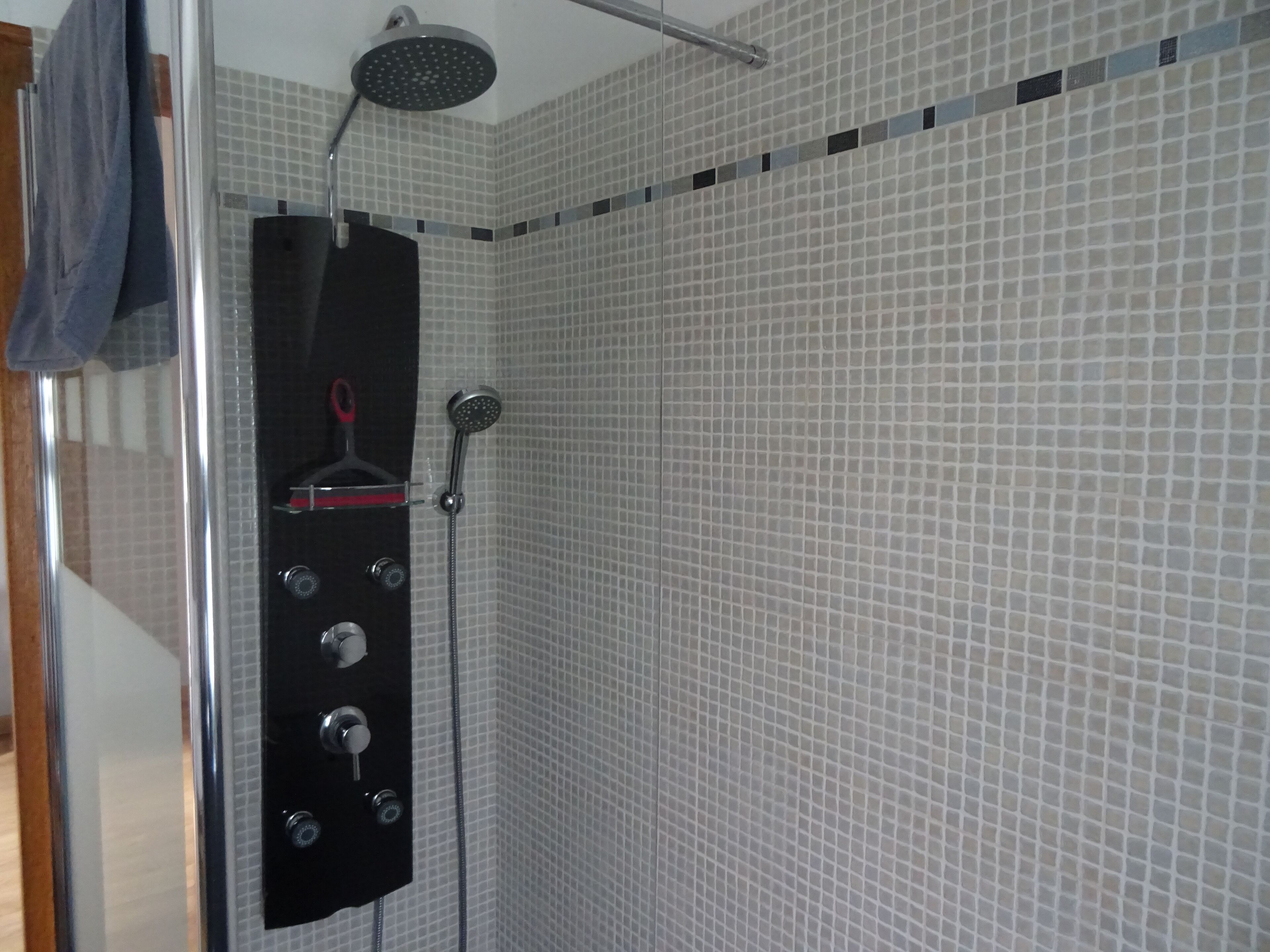 Eine Dusche mit einer Handbrause und einer fest installierten Brause, jeweils mit Schlauch.