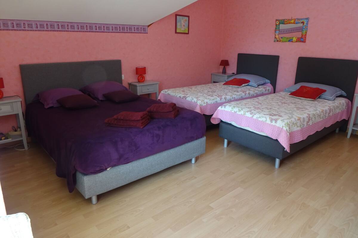 Une chambre à coucher avec deux lits, chacun ayant une tête de lit et des oreillers différents.