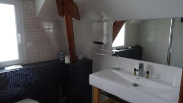 A bathroom with a white sink, a mirror, a toilet, and a window.