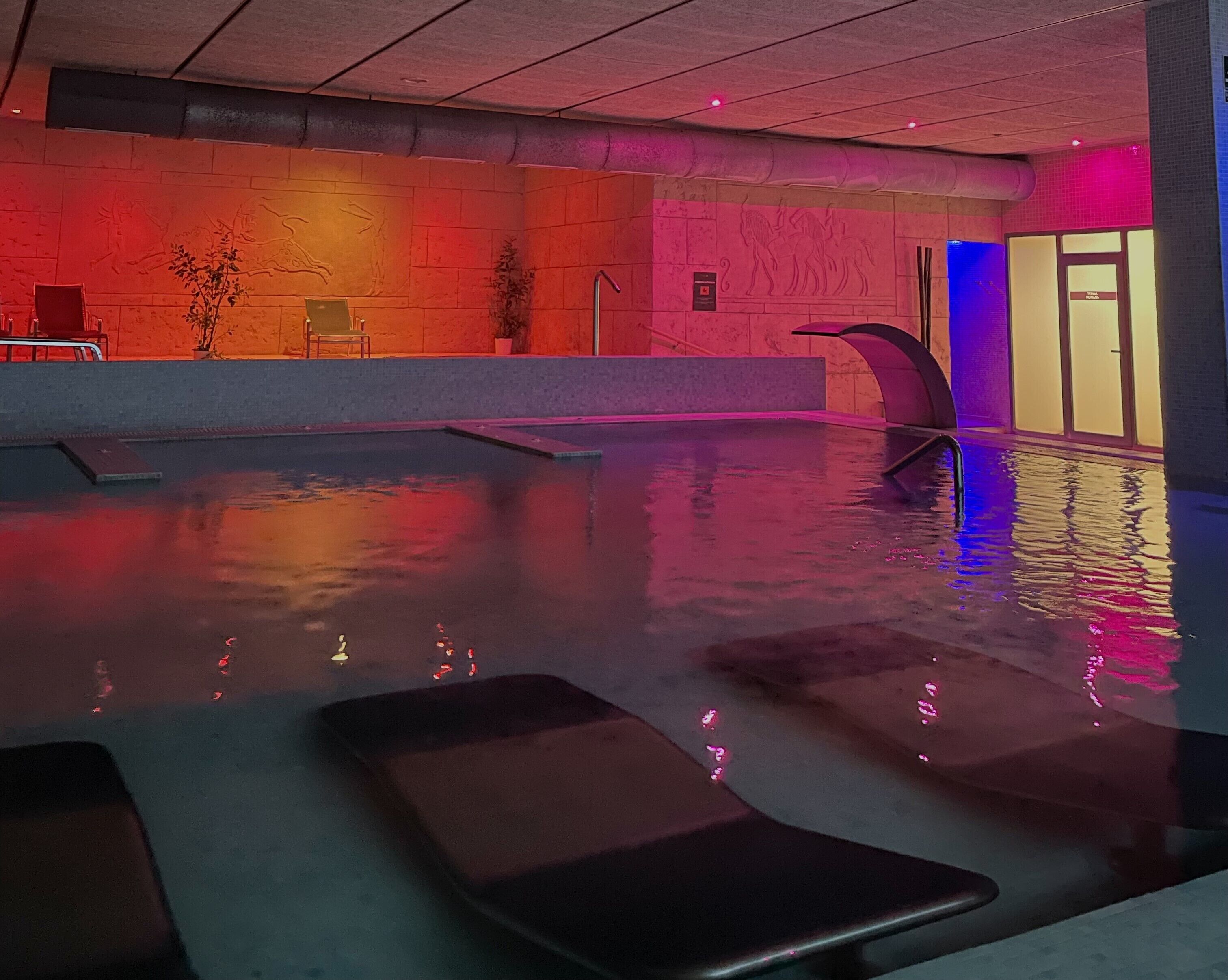 An indoor swimming pool with a dolphin sculpture, a red wall with a tree mural, and a seating area with chairs.