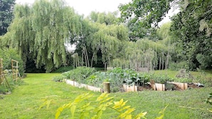 A garden with raised beds, a wooden trellis, and a bench.