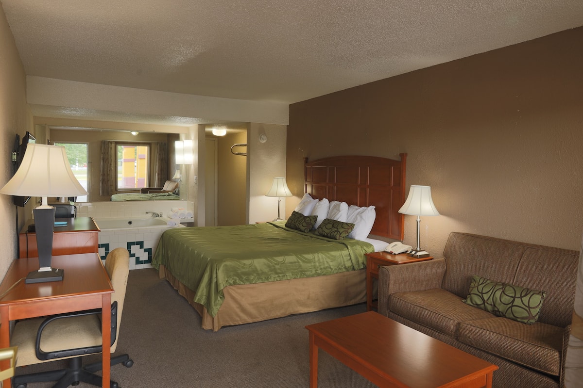 A hotel room with a bed, a sofa, a desk, and a chair.