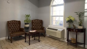 A room with two brown leather armchairs, a small table with a bowl, a potted plant, a window with a view, and a radiator. - Travelers Inn (Elizabethton)