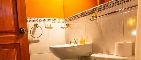 Et badeværelse med toilet, vask og trædør.