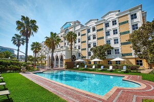 Outdoor pool, pool umbrellas, pool loungers