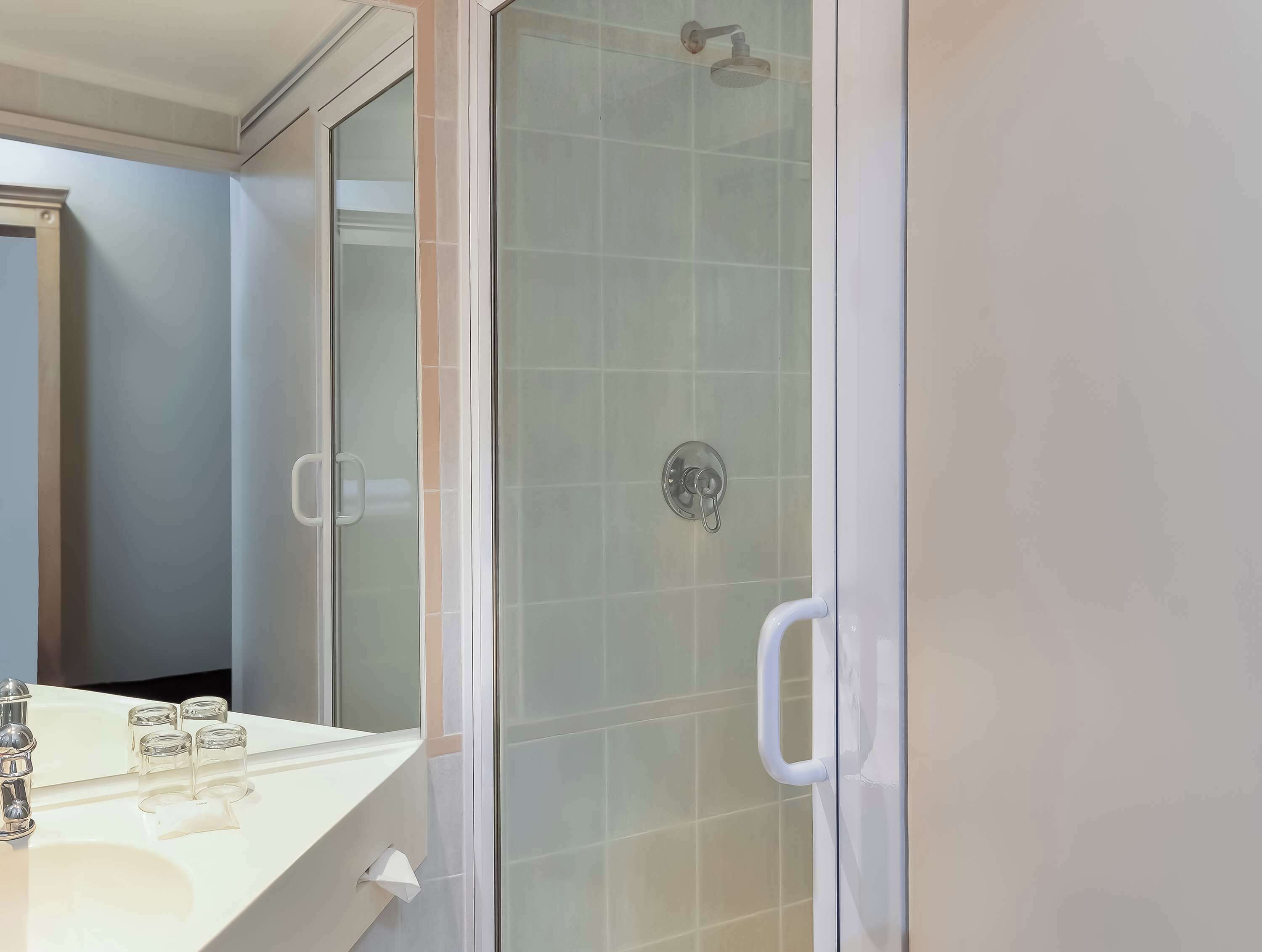 Un baño con ducha envuelta en vidrio, un lavabo blanco y un espejo.