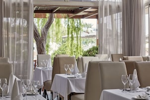 Un restaurante con mesas dispuestas para comer, con vistas a zonas verdes y un árbol en el exterior.