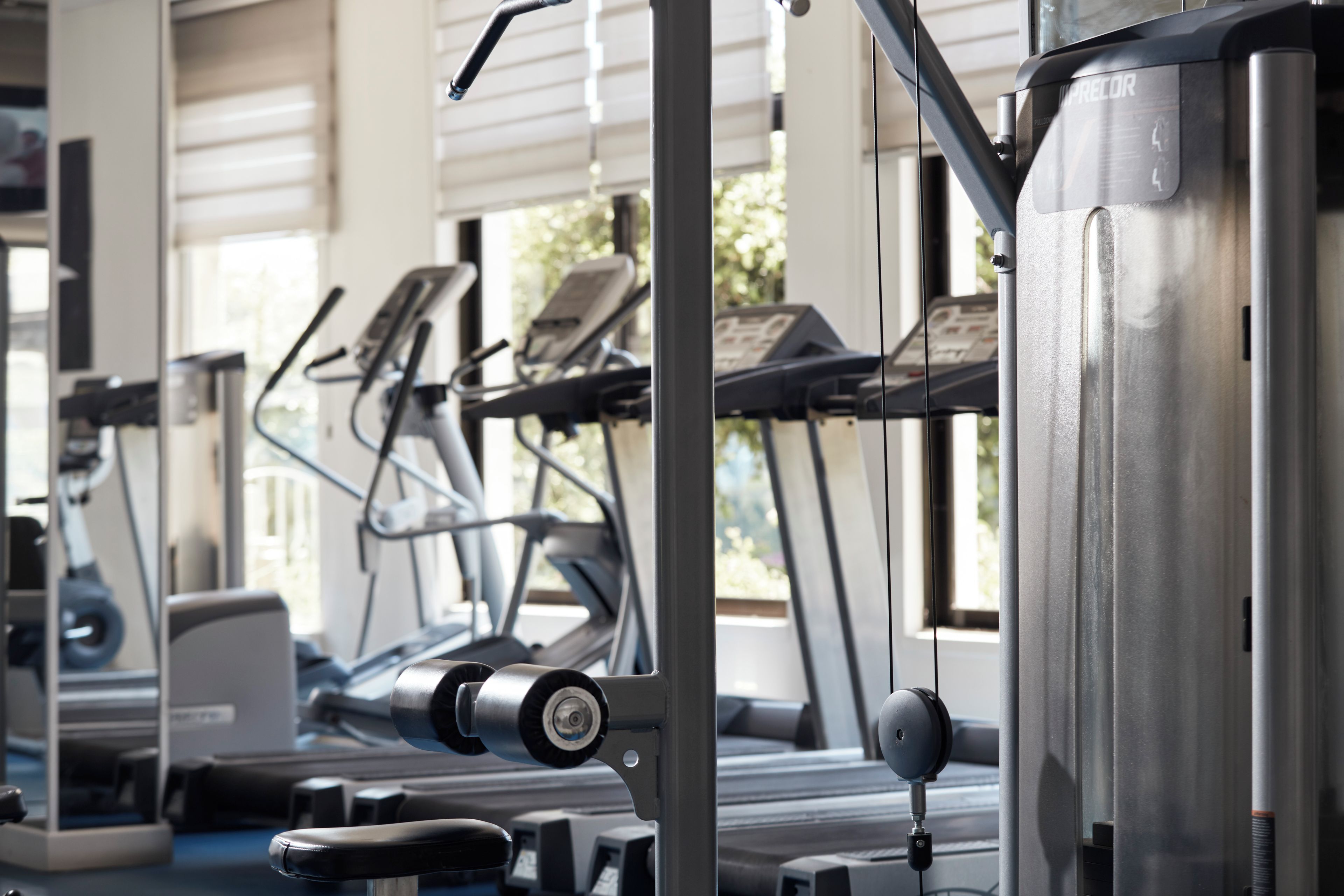 A gym with exercise equipment, including treadmills and weight machines.