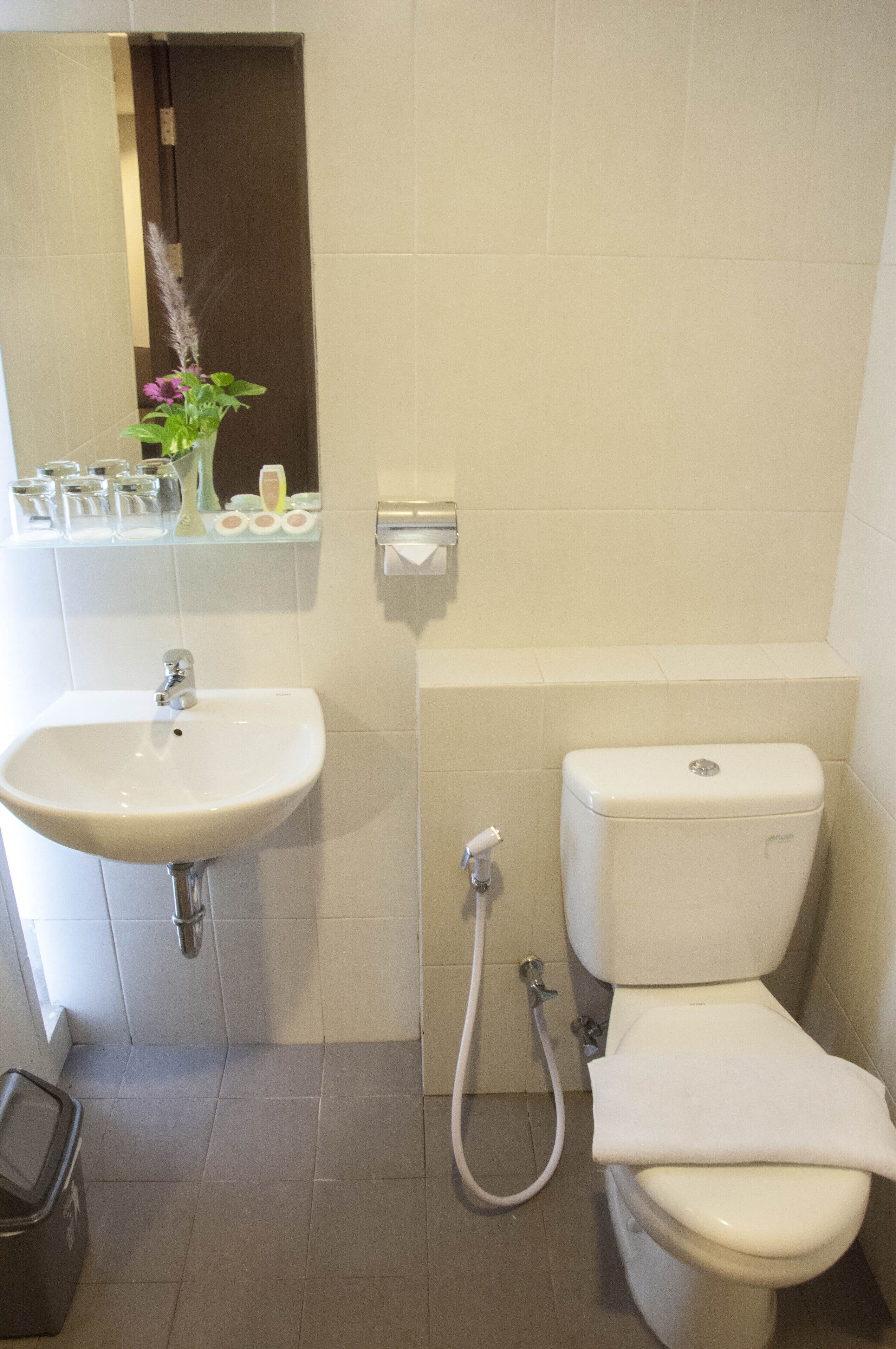 Casa de banho com lavatório branco, sanita e chuveiro. Há um espelho sobre o lavatório e uma prateleira com produtos de higiene pessoal.