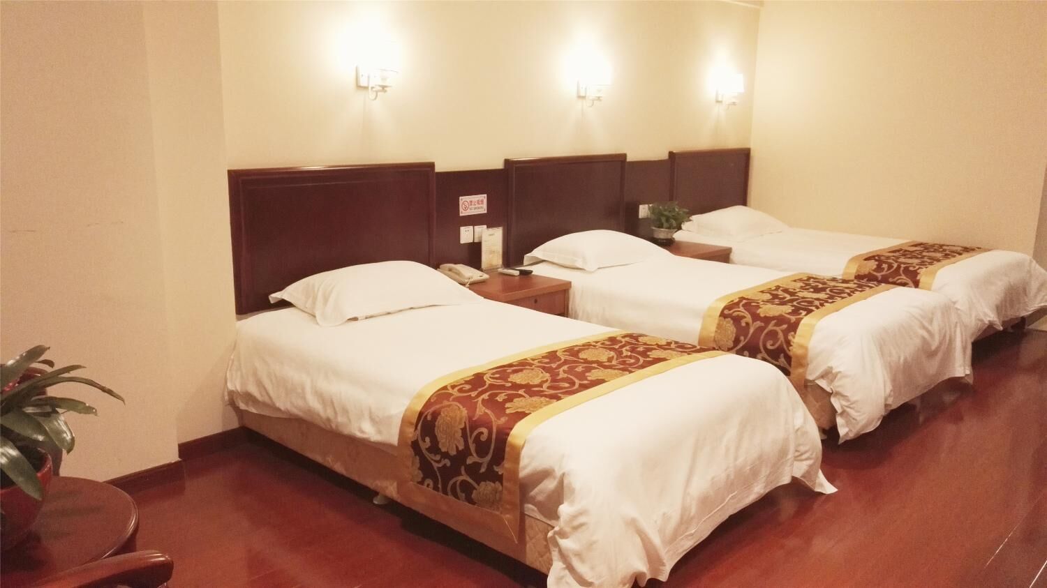 A hotel room with two single beds, each with a wooden headboard and white bedding. There is a small table with a telephone and a plant between the beds.