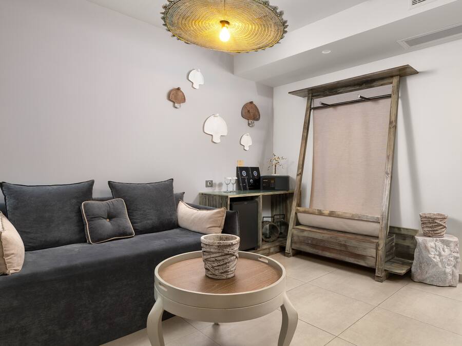 Un salon moderne avec un canapé gris foncé, une table basse ronde en bois et un luminaire original en fibres tressées.