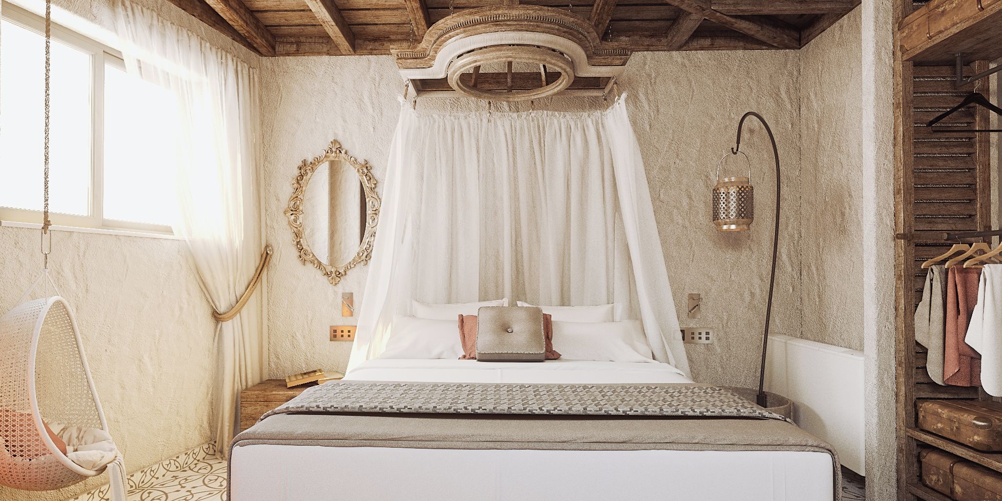 A bedroom with a canopy bed, a hanging chair, a mirror, and a wardrobe.
