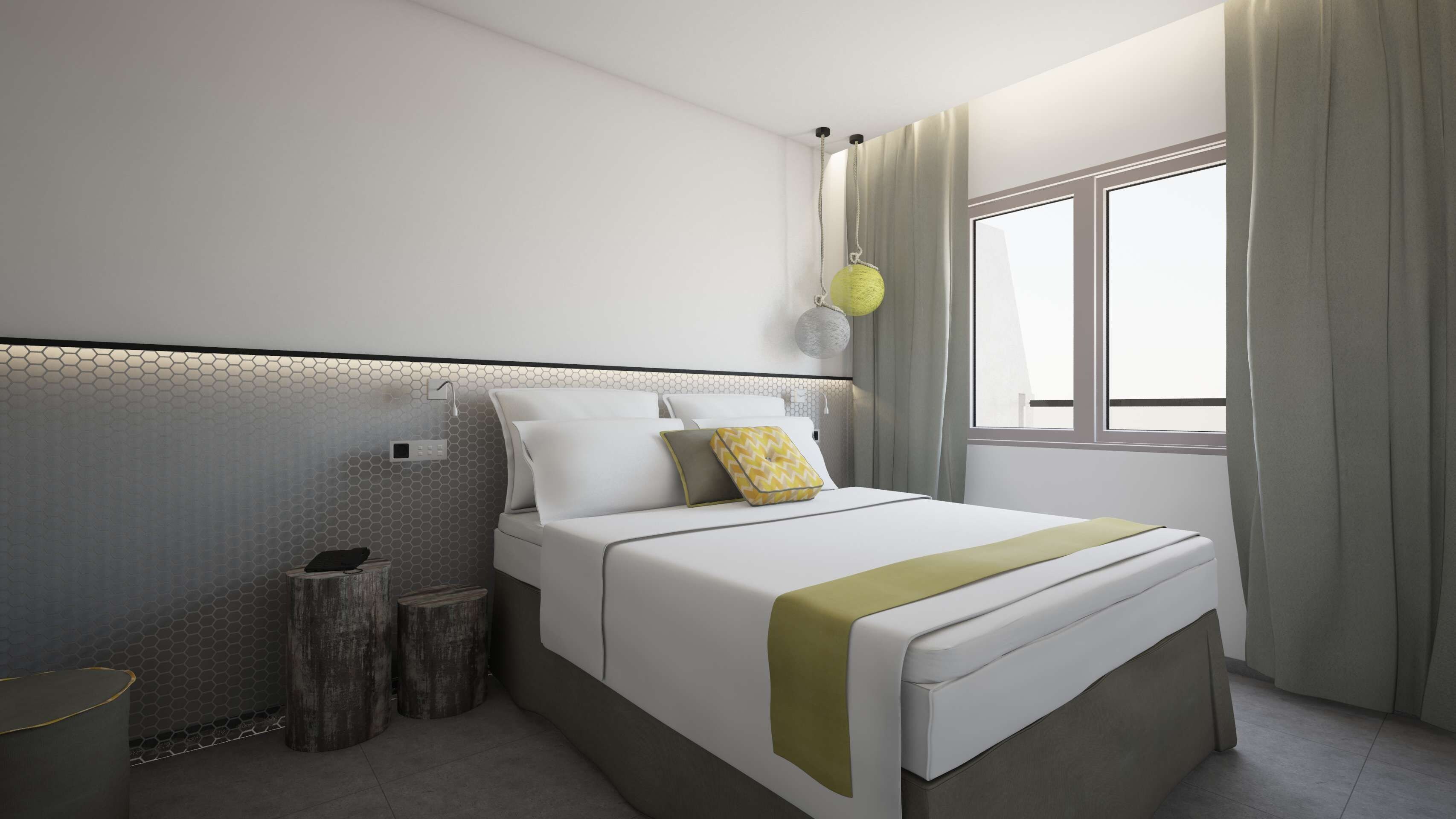 A modern hotel room with a large bed, a bedside table, a small stool, and a window with curtains.