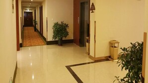Pasillo de hotel con piso alfombrado, una planta en maceta, un cesto de basura y una puerta con un letrero.
