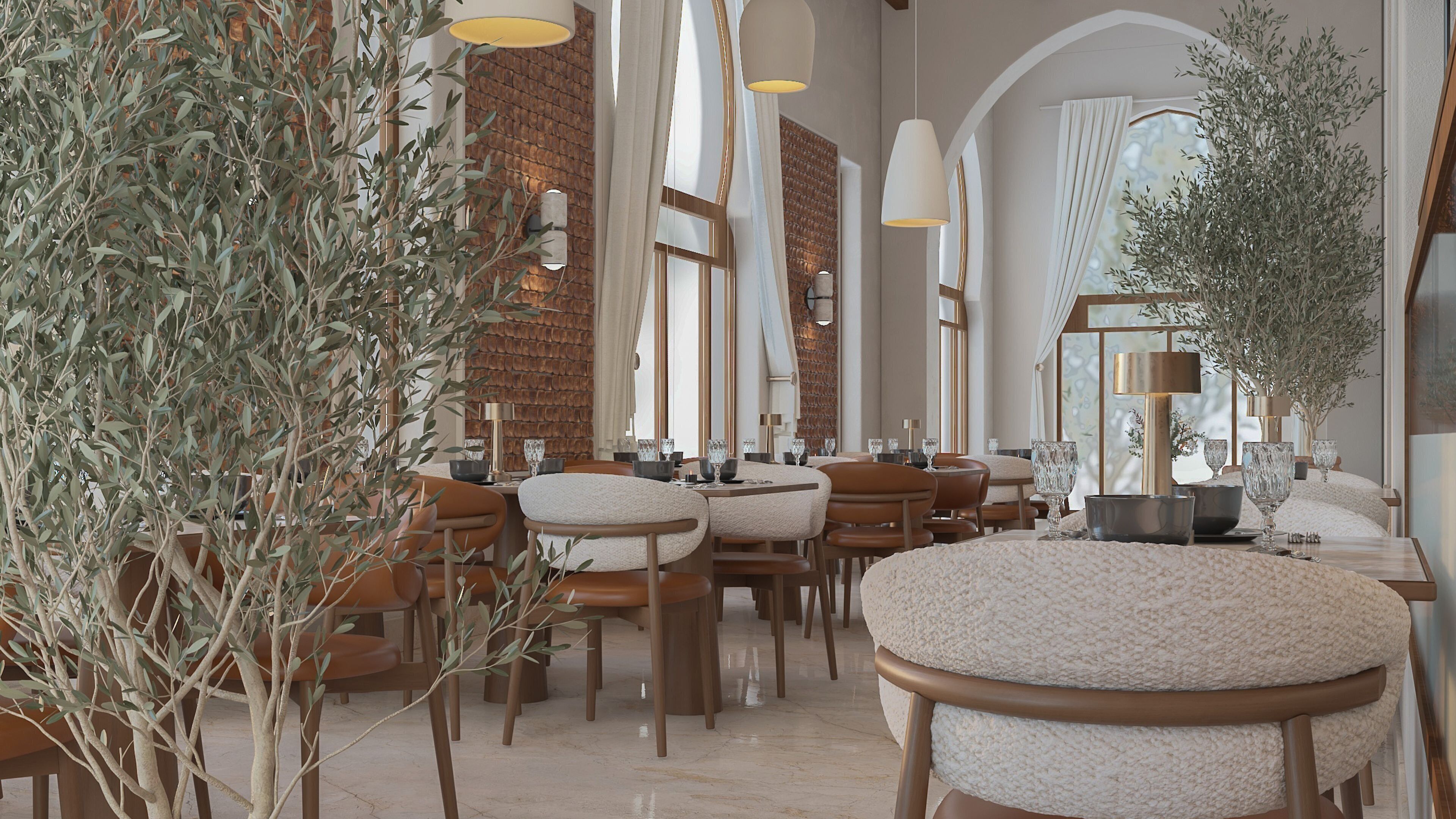 Un restaurant avec des tables rondes, des chaises et des oliviers.