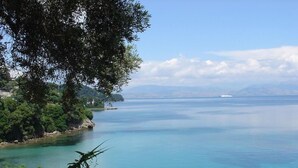 Eine Küstenlandschaft mit freiem Blick auf das Meer, einer von Bäumen gesäumten Uferlinie und einem Schiff in der Ferne.