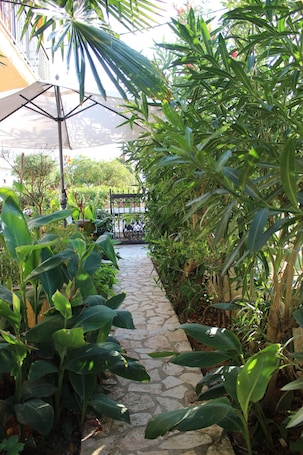A stone pathway flanked by lush green plants leading to a gated entrance.