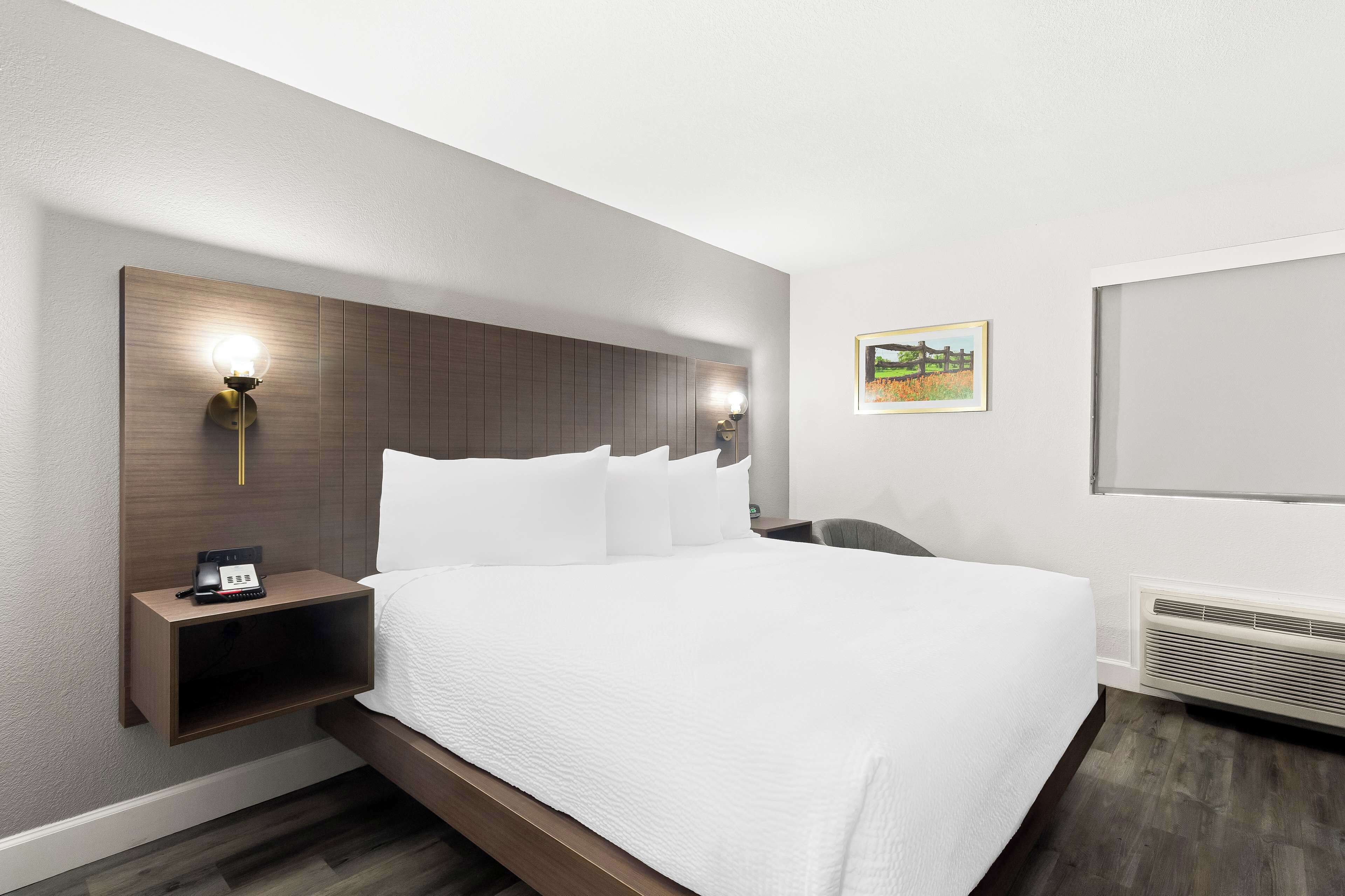 Premium bedding, desk, laptop workspace, blackout drapes