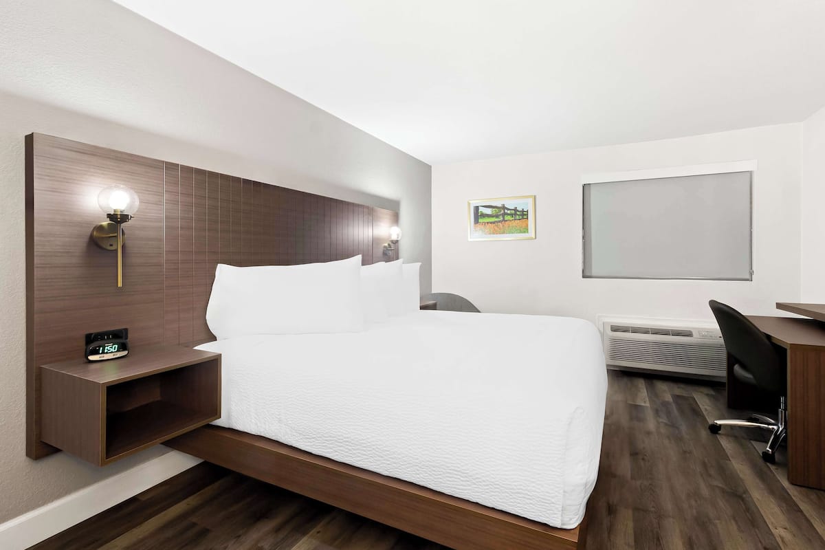 A hotel room with a bed, bedside table, lamp, clock, picture, window, and desk.