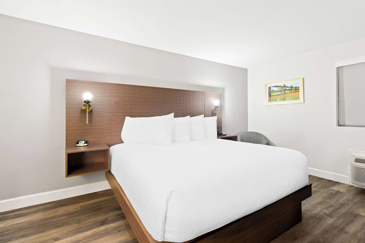 A modern hotel room with a large bed, a wooden headboard, a bedside table with a lamp, and a picture on the wall.
