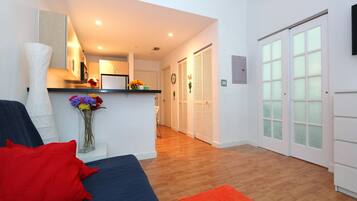 Design Apartment, 1 Bedroom, Kitchen | Living area | Flat-screen TV