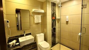 Shower, free toiletries, hair dryer, slippers