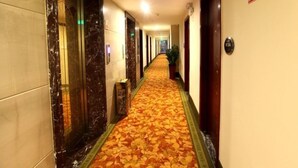 A hotel corridor with marble walls, a carpeted floor, and doors on both sides.