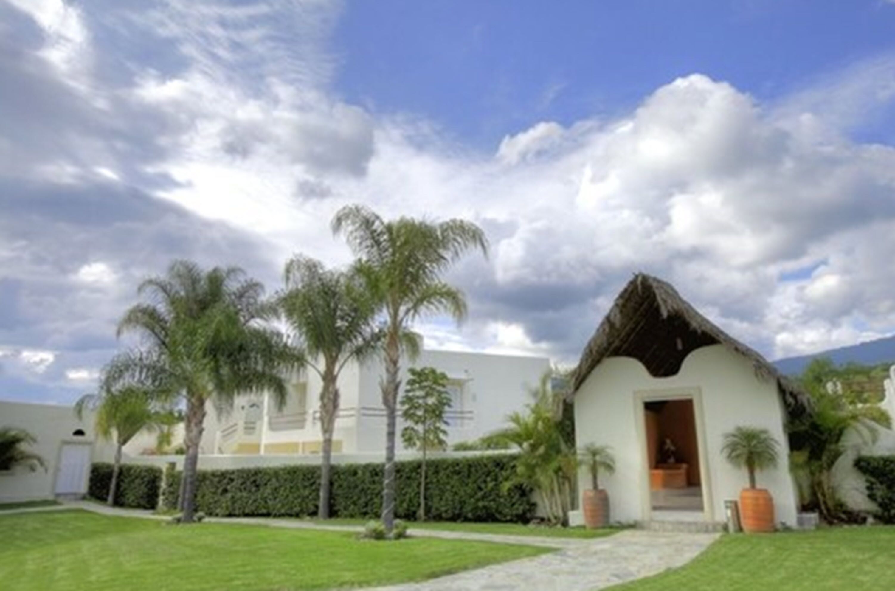 A white building with a thatched roof, surrounded by palm trees and a hedge.