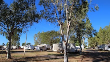 A campground with RVs and trailers parked among trees.