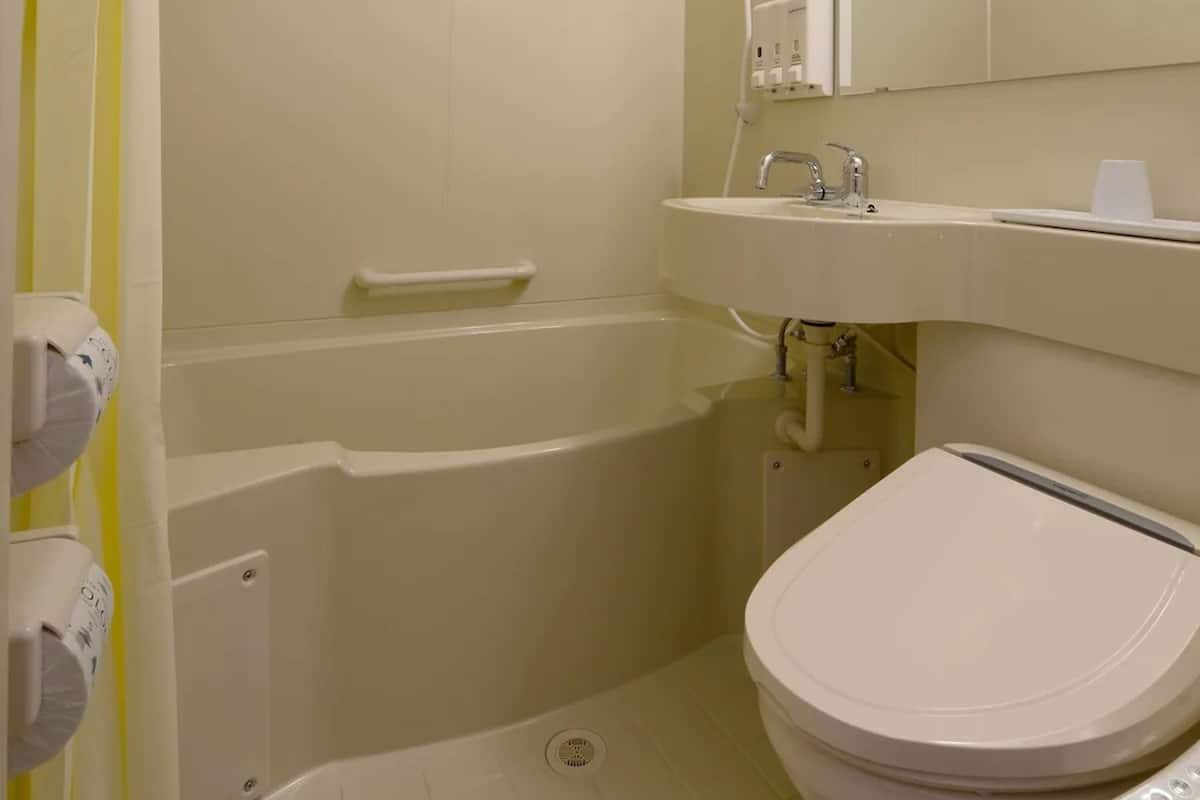 combined shower/bathtub, free toiletries, hair dryer, slippers