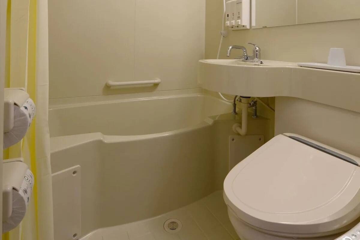 combined shower/bathtub, hair dryer, slippers, bidet