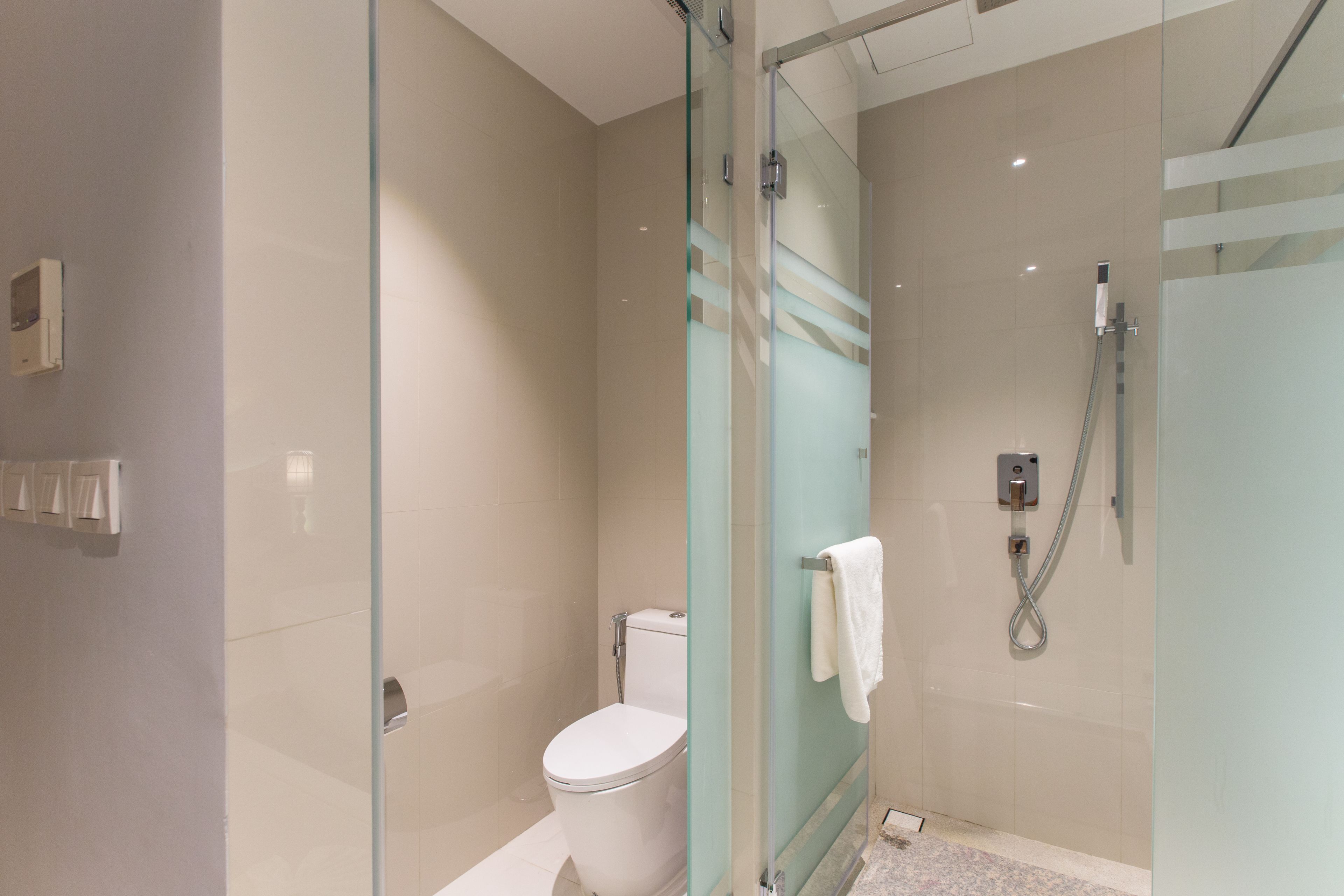 A modern bathroom with a glass-enclosed shower, a toilet, and a towel rack.