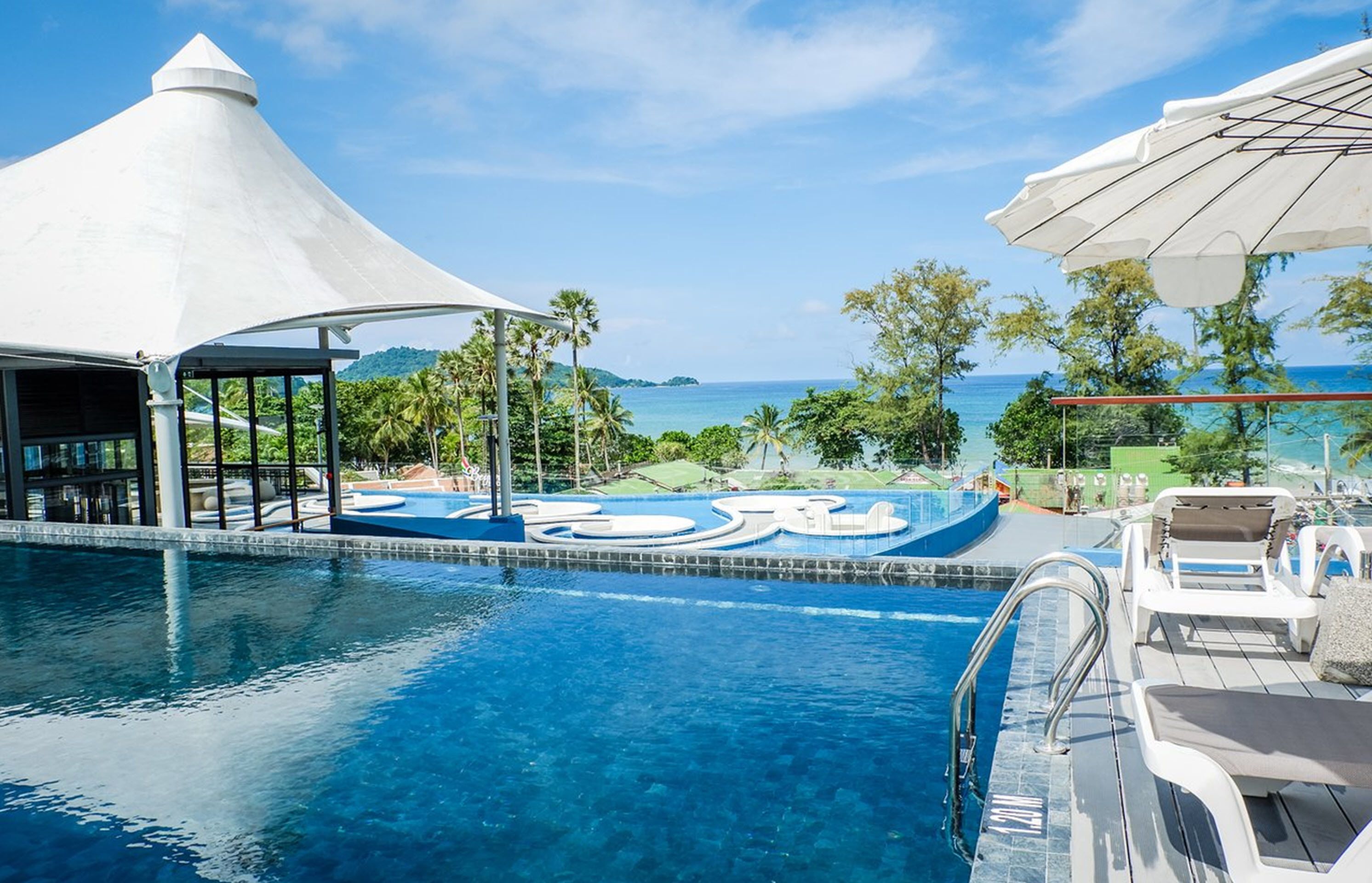 outdoor pool, pool loungers