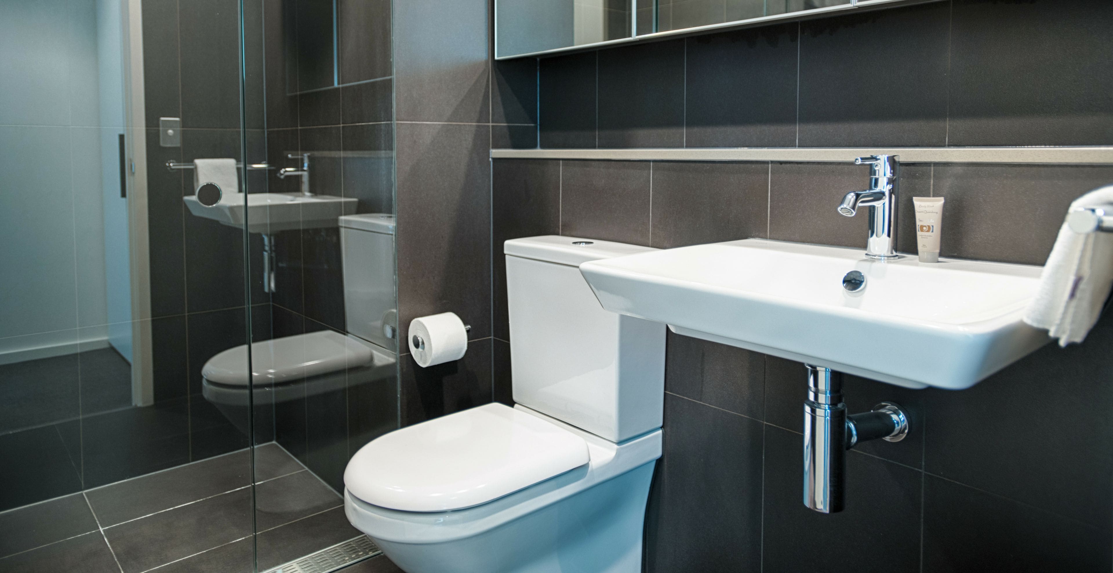 Un baño moderno con inodoro, lavamanos y ducha.