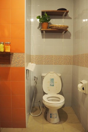 Shower, free toiletries, hair dryer, bidet