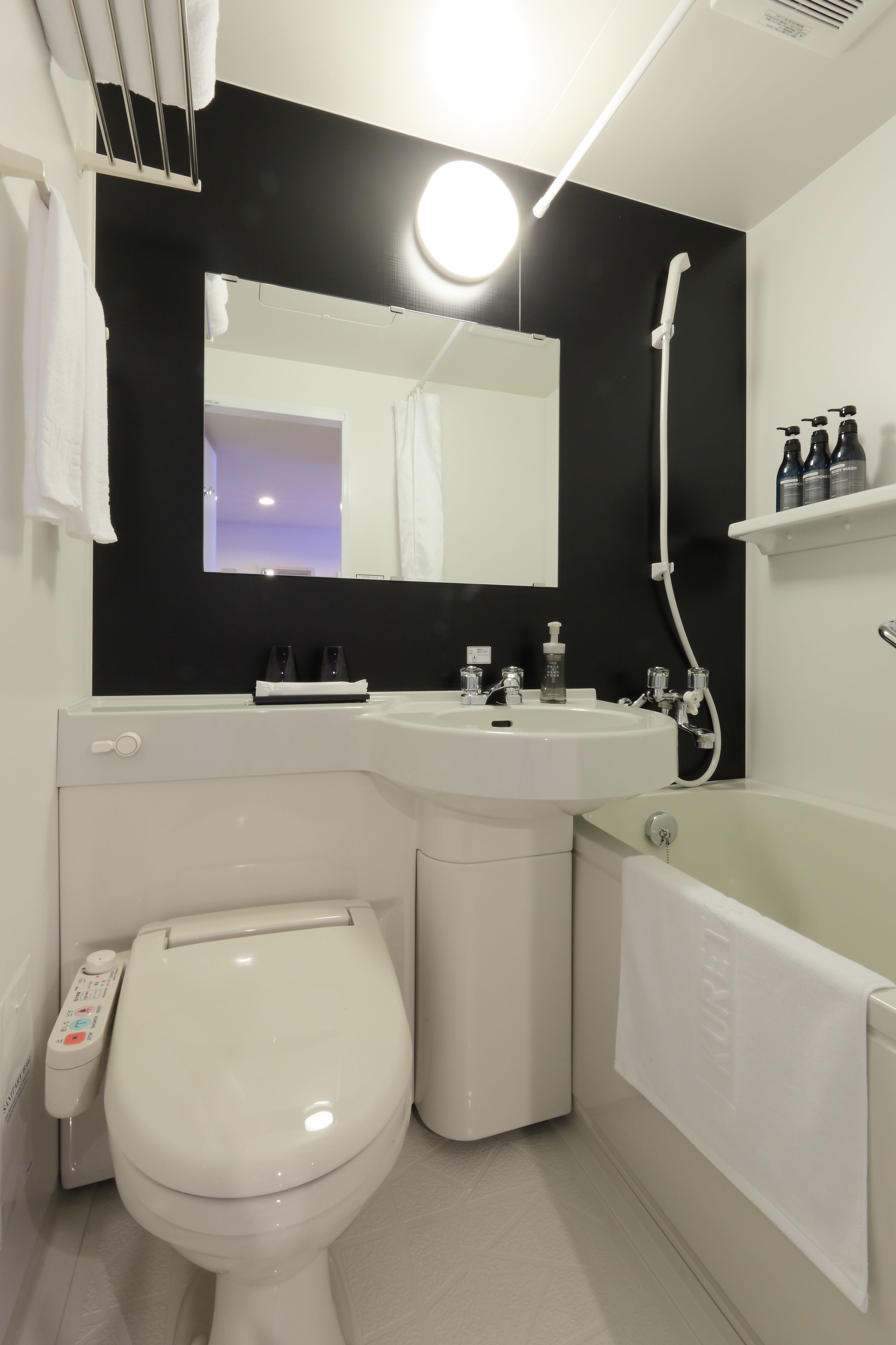 combined shower/bathtub, free toiletries, hair dryer, slippers