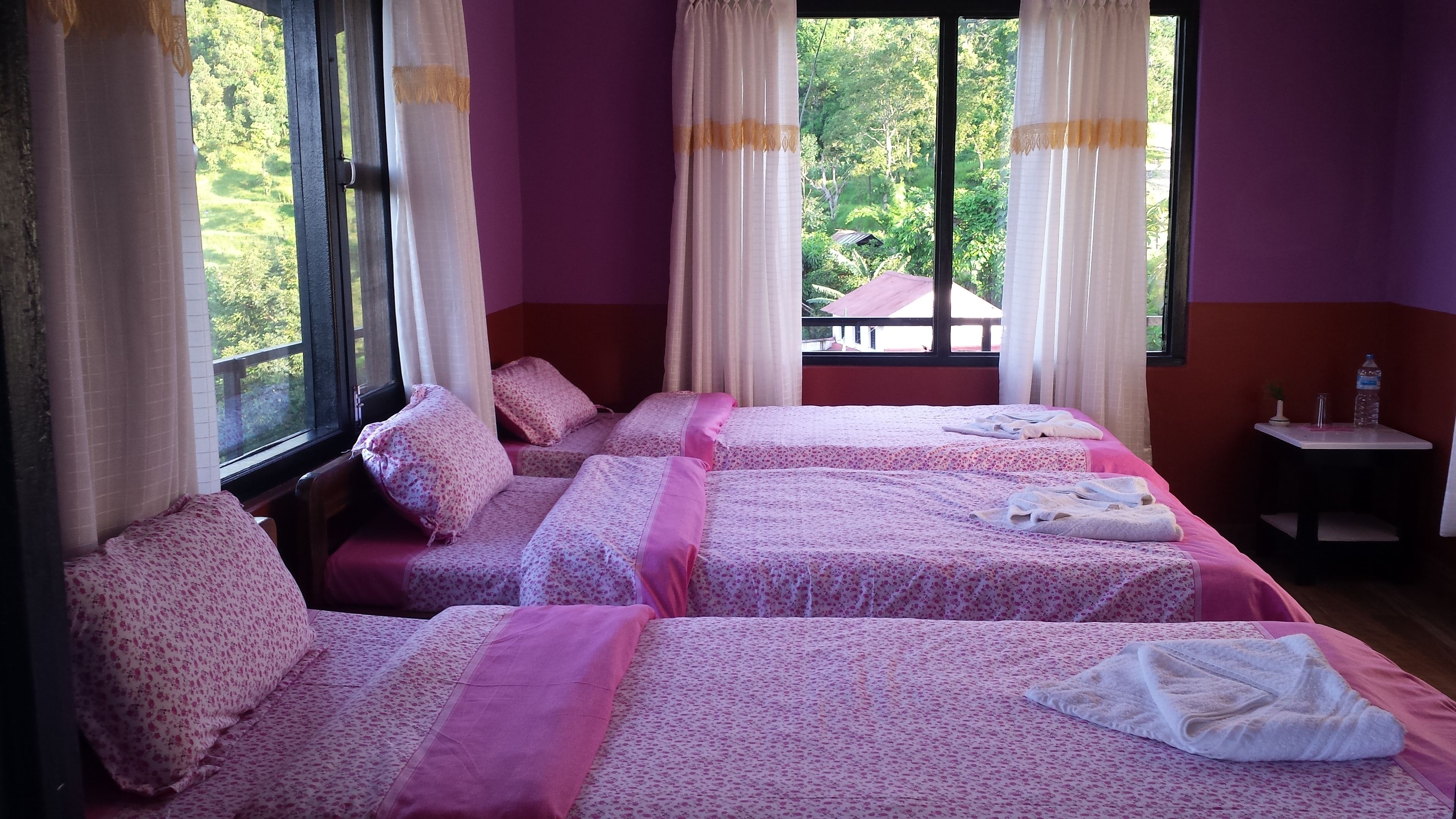 Une chambre avec deux lits, chacun agrémenté de draps à motifs floraux et de touches de couleur rose, une petite table avec une bouteille d’eau et une plante, et une fenêtre avec des rideaux.