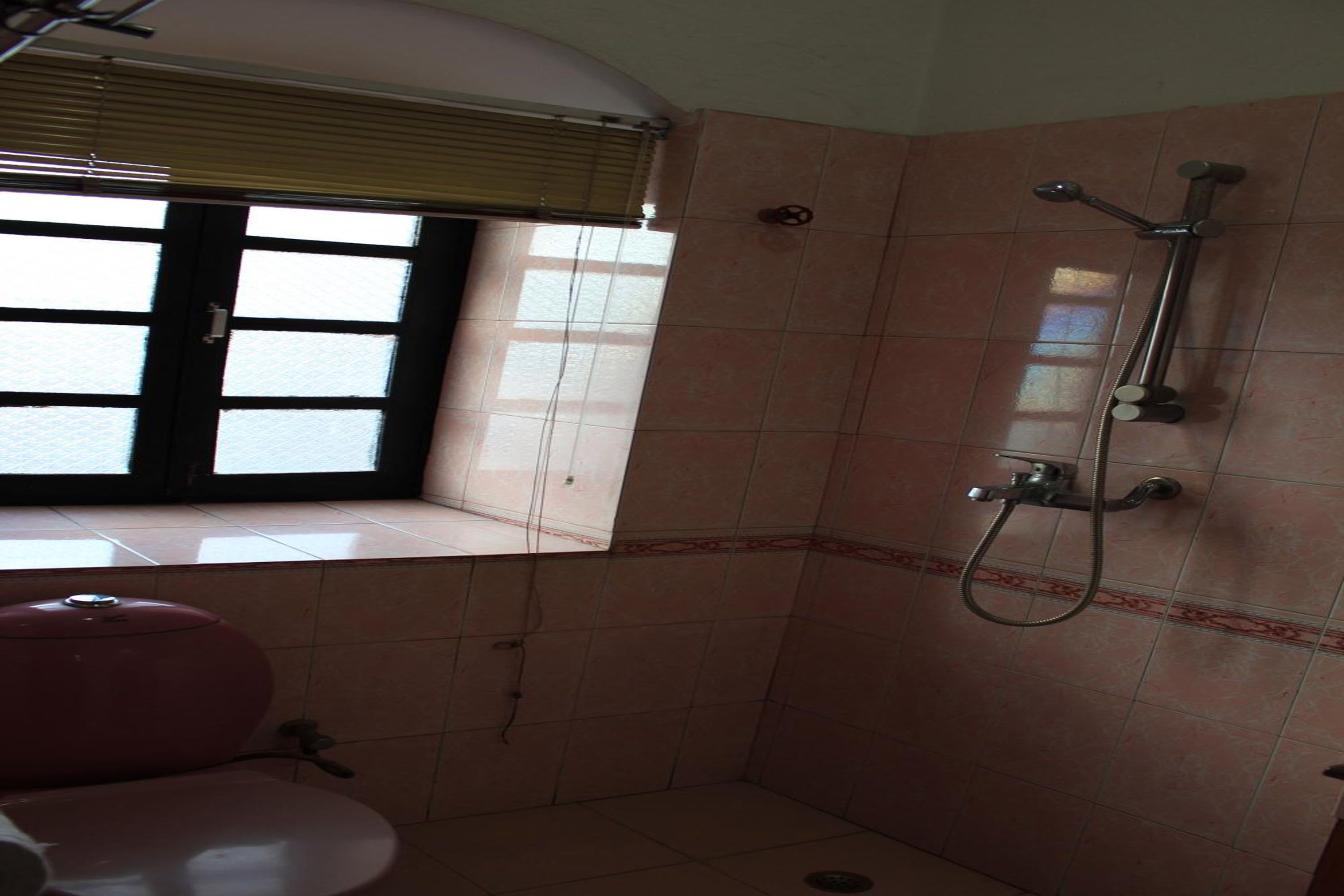 Une salle de bain avec des toilettes, une fenêtre et une douche.