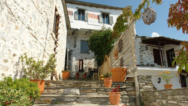 A stone staircase leading to a building with terracotta pots and potted plants.