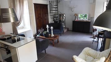 TV, DVD player, books, music library