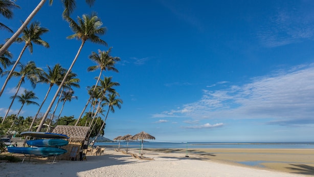 A beach with palm trees, a thatched-roof hut, and a clear blue sky. - Baan Fah Sai (Koh Samui)