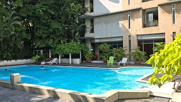 Outdoor pool, sun loungers