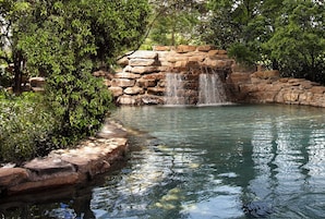 Una fuente natural con una cascada en cascada, rodeada de exuberante vegetación.