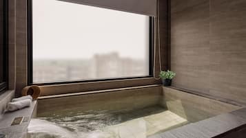 Separate tub and shower, spring water tub, free toiletries, hair dryer